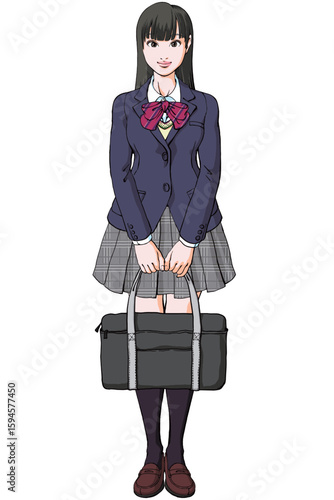 全身・直立・真正面・鞄を持つ女子高生_ブレザーベスト eps