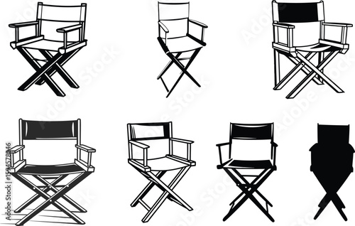 Director's chair vector, Director's chair clip art illustration, black and white of a film director's chair.