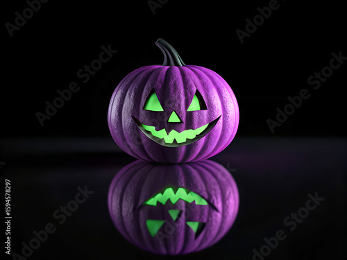 Spooky purple halloween jack o lantern glowing green with reflection