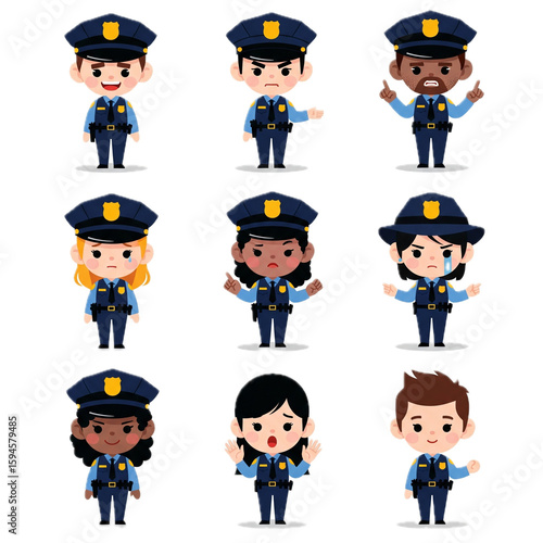 Set of police officer characters with different emotions and expressions in flat cartoon style