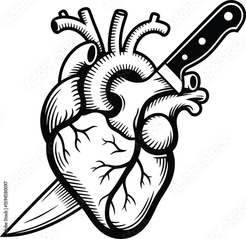 Black and White Anatomical Heart with Knife, Emotional Tattoo Style Vector Art.


