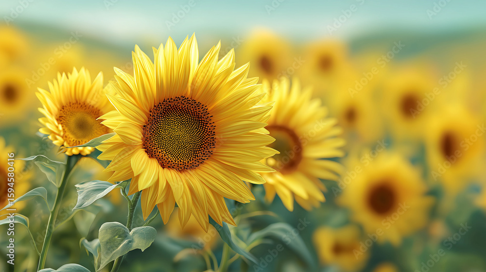 Fototapeta premium Sunflower Field in Bloom: A vibrant expanse of sunflowers, radiating golden hues under a clear blue sky, creates a scene of pure natural beauty and summer's warmth.