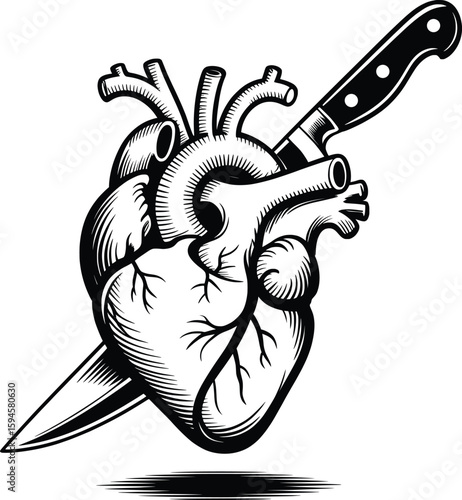 Black and White Anatomical Heart with Knife, Emotional Tattoo Style Vector Art.



