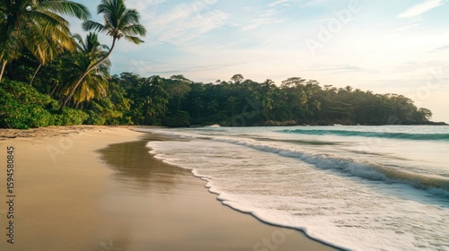 Golden hour beach scene. Lush tropical vegetation meets calm ocean waves on a pristine beach