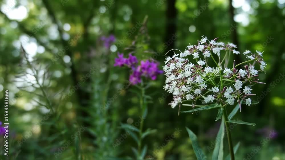 Serene Forest Bloom: White and Purple Wildflowers Sway Gently in Sunlight Serene Forest Bloom: White and Purple Wildflowers Sway Gently in Sunlight