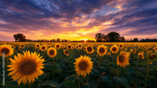 Fototapeta Naklejka Na Ścianę i Meble -  Sunflower Field at Sunset: An expansive field of vibrant sunflowers basks in the golden glow of a breathtaking sunset, painting the sky with hues of orange and purple.