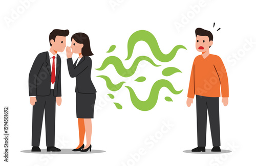 A metaphor for office politics and gossip. One figure whispers to another, and poisonous green snakes extend from them towards a third person, symbolizing toxic influence and underhanded games.