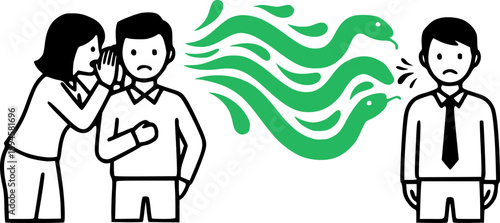A metaphor for office politics and gossip. One figure whispers to another, and poisonous green snakes extend from them towards a third person, symbolizing toxic influence and underhanded games.