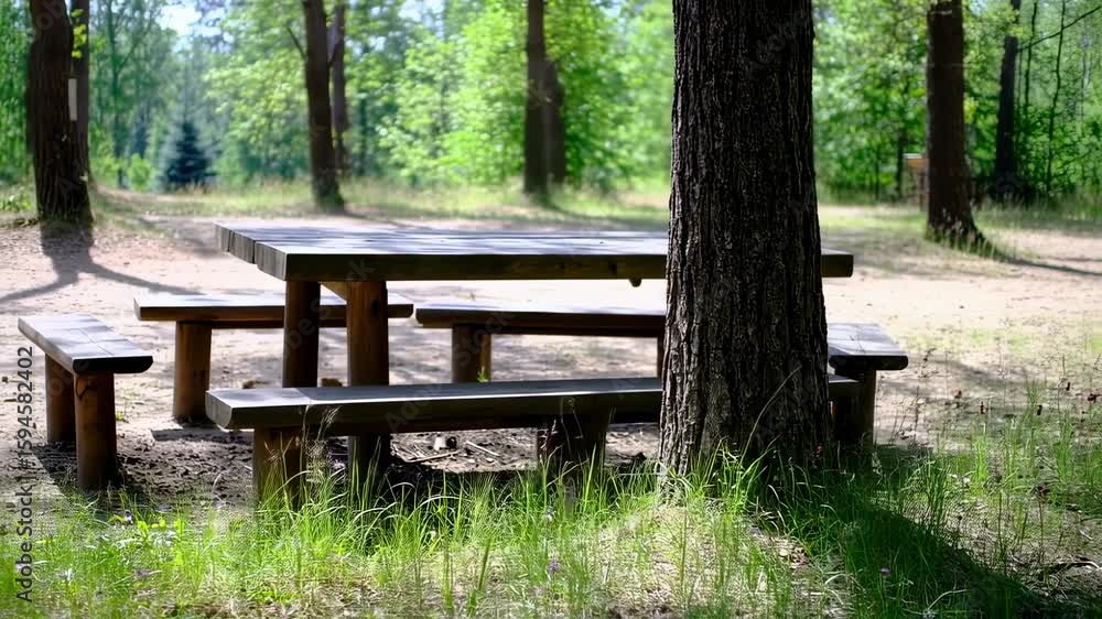 Serene Forest Picnic Table: Sunny Day in Lush Woods Serene Forest Picnic Table: Sunny Day in Lush Woods