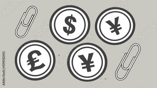 Currency Symbols Dollar Pound Yen Coins and Paperclips.