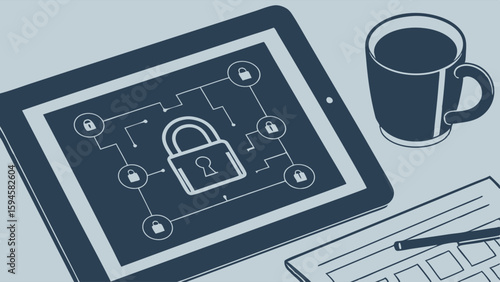 Digital Security Network Tablet Displaying Interconnected Padlocks.
