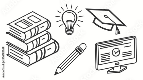 Educational Icons Books Lightbulb Graduation Cap Pencil and Monitor.