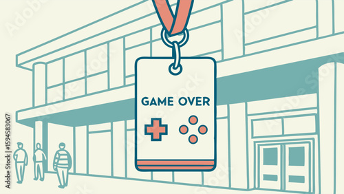 Game Over Badge Attached to Building Exterior.