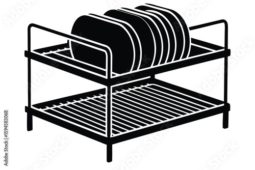 Black and White Dish Rack with Stacked Plates Silhouette Style Illustration