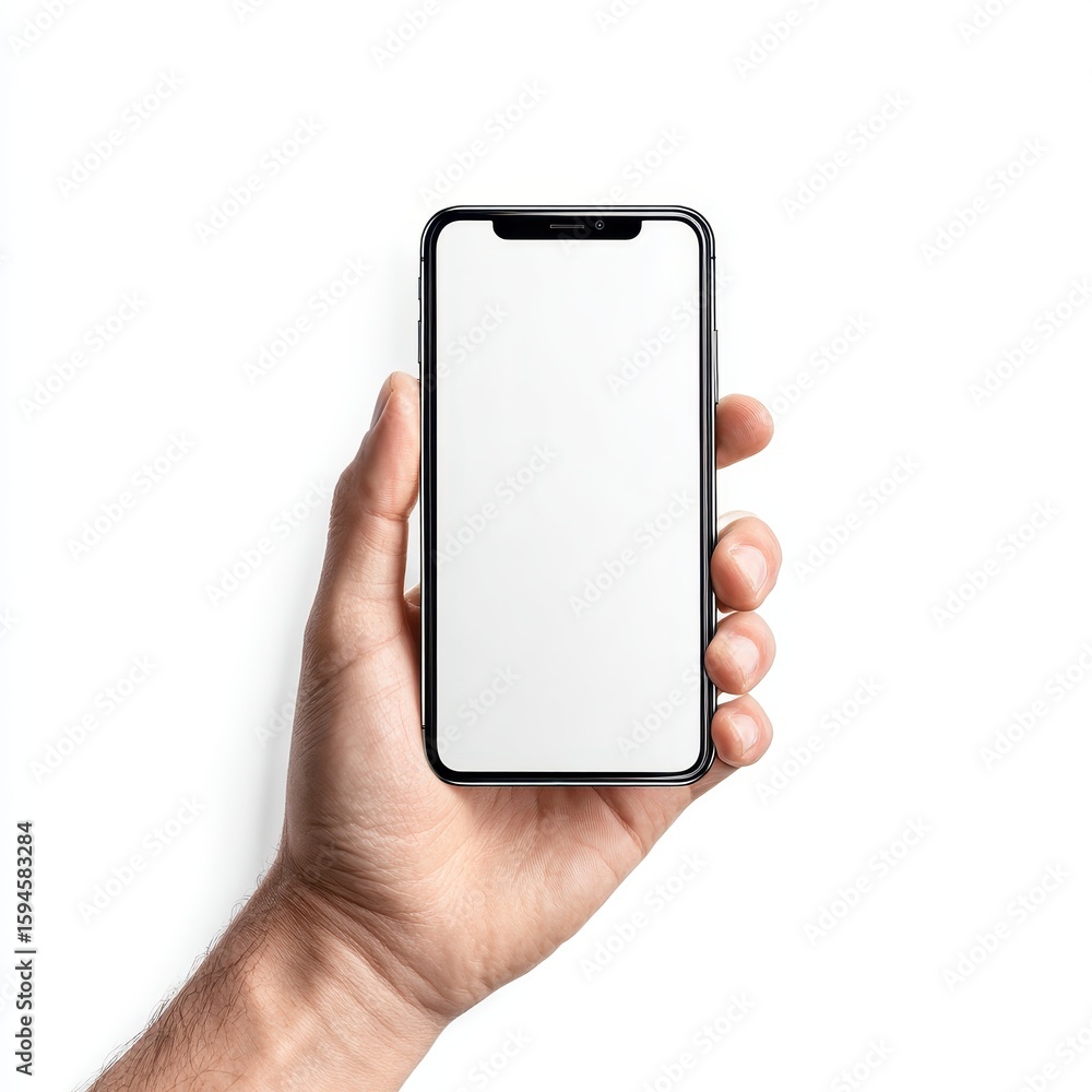 A hand holding a phone with a blank screen A hand holding a phone with a blank screen