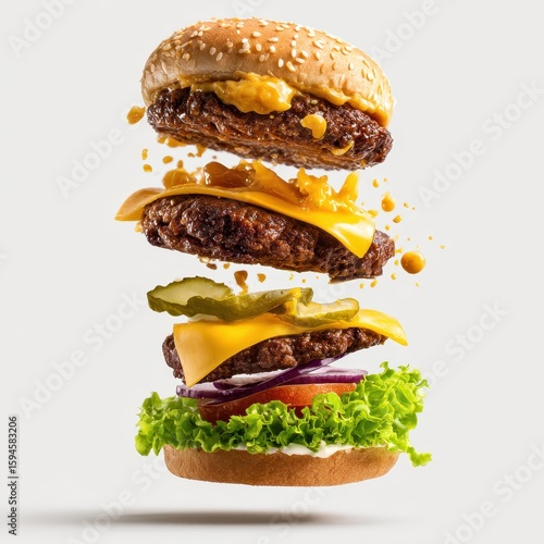 A hamburger falling into the air