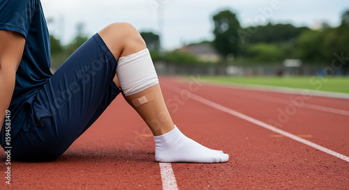 Sports injury recovery: Athlete's bandaged leg on a running track after a workout