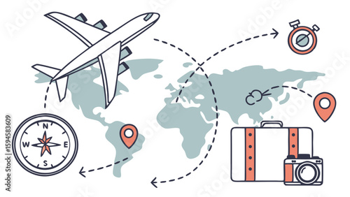 Illustrated Travel Elements Airplane World Map Compass Suitcase Camera and More.