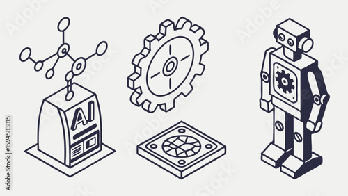 Isometric AI Gear Circuit and Robot Line Art Illustration.