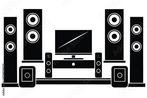 Black and White Home Theater System with Speakers, Soundbar and Television Silhouette