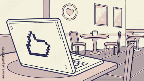Laptop with Pixelated Thumbs Up in Cafe Setting Illustration.
