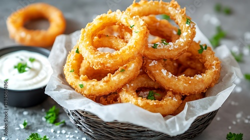 Crispy Onion Rings Served in a Basket with Dipping Sauce