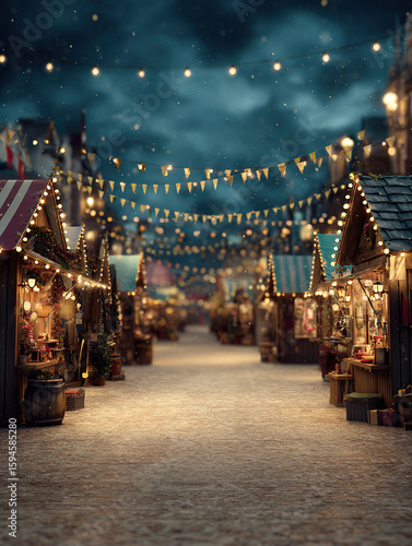 Christmas market stalls illuminated by string lights at night