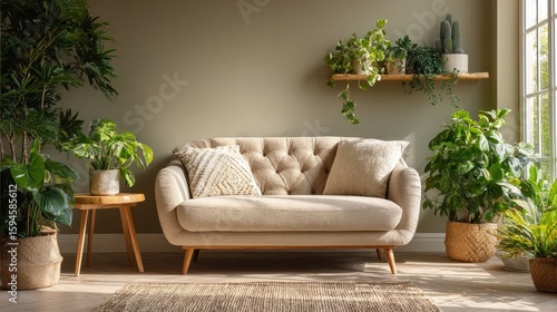 A stylish beige sofa is surrounded by various green plants in a room. It's perfect for illustrating a calming, plant-filled, interior space.