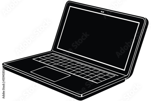 Black and White Illustration of an Open Laptop with Keyboard and Trackpad
