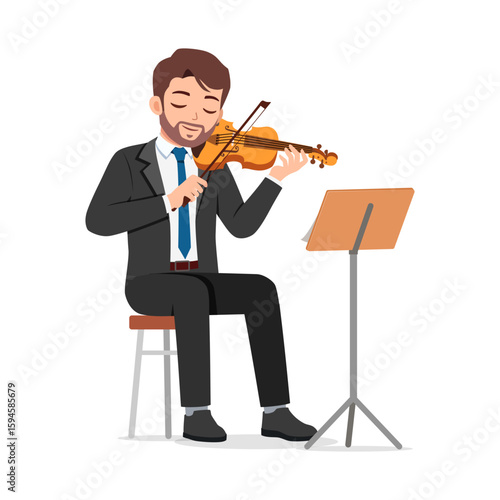Man in suit playing violin while seated and eyes closed in concentration art illustration