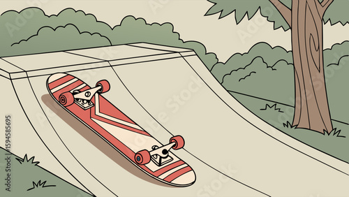 Skateboard on a Ramp in a Park Setting.