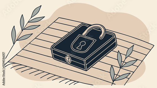 Stylized Open Padlock with Decorative Foliage on Textured Surface.