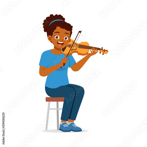 African American girl sitting and playing violin with a happy expression
