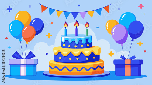 Vector art of a festive birthday celebration unfolds with a multilayered cake, bright balloons, and wrapped gifts under a cheerful blue backdrop