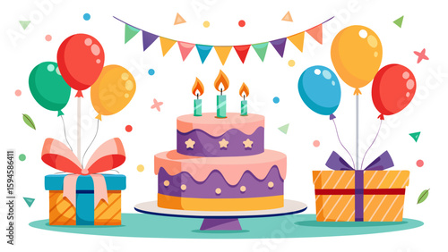 Vector art of a delightful birthday arrangement showcasing a beautiful cake, festive balloons, gift boxes, and a happy birthday banner