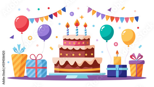 Vector art of a charming birthday scene with a layered cake, lit candles, balloons, gift boxes, and a colorful party banner