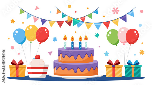 Vector art of a festive birthday celebration with a tiered cake, colorful balloons, gift boxes, and celebratory banners