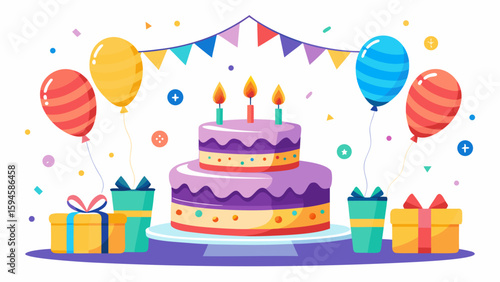 Vector art of a cheerful birthday setup with a decorated cake, floating balloons, wrapped gifts, and colorful party flags
