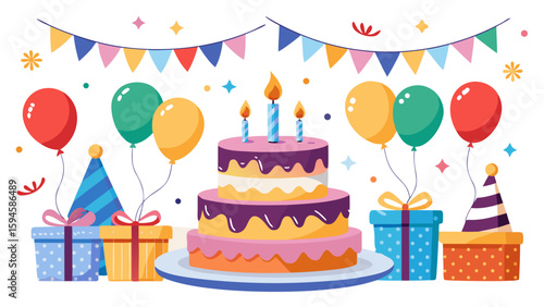 Vector art of a delightful birthday scene showcasing a multilayered cake, festive balloons, gift boxes, and party hats