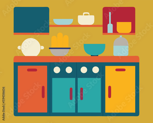 A retro kitchen interior features colorful cabinets and cookware Ai Generated