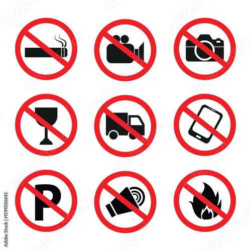 Collection of Prohibition Signs No Smoking Filming Photography Alcohol Trucks Phones Parking Speakers and Open Flames