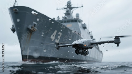 A military vessel with a drone operating above the water.