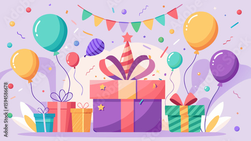 Vector art of a festive birthday scene is decorated with balloons, confetti, party hats, and an abundance of surprise gifts
