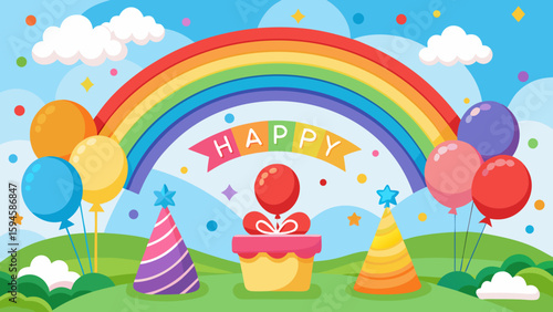 Vector art of a festive birthday scene with a gift, party hats, balloons, and a rainbow under a cheerful sky