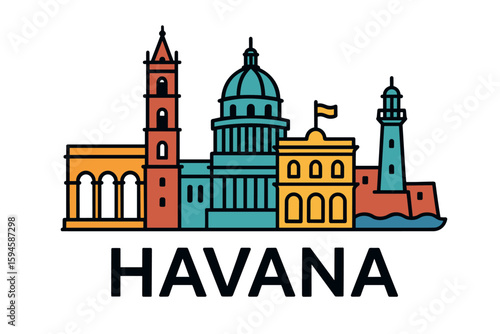 Havana skyline with El Capitolio, cathedral and lighthouse illustration