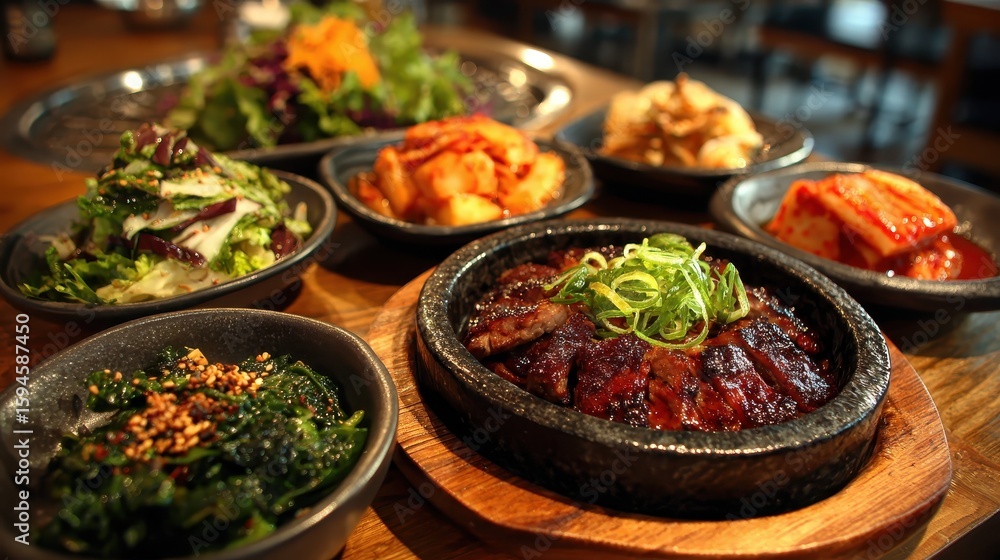 Fototapeta premium Various Korean dishes are arranged on wooden table at restaurant. Perfect for blogs about food, travel, and experiencing Korean culture.