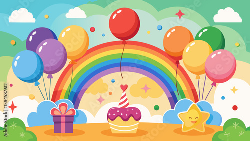 Vector art of a delightful birthday celebration featuring a rainbow, balloons, a cake, a gift, and a smiling star