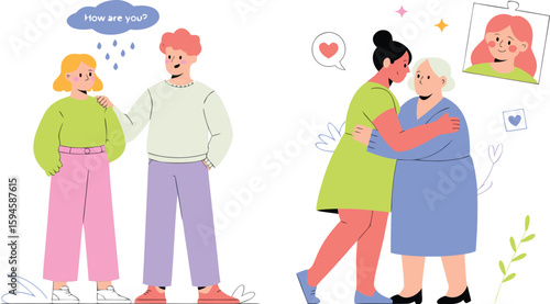 Animated Illustration of Emotional Support and Love Between Friends, Family, and Generations Displayed Together