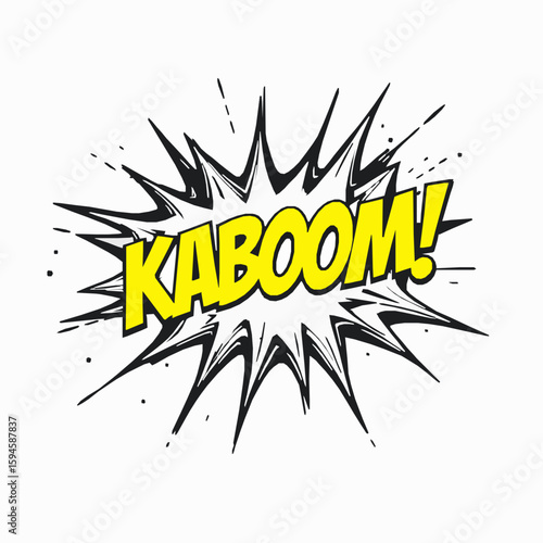 Comic book pop art style kaboom text explosion illustration in yellow and black on white background