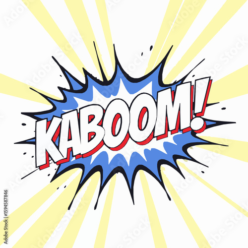Comic book style kaboom sound effect illustration with bright yellow and blue colors